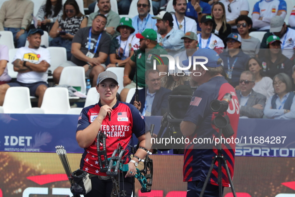 Alexis Ruiz of the United States competes against Sara Lopez of Colombia (not in picture) during the compound women's quarterfinals match on...