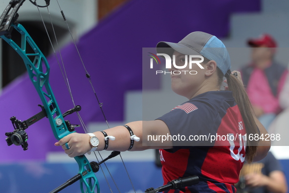 Alexis Ruiz of the United States competes against Sara Lopez of Colombia (not in picture) during the compound women's quarterfinals match on...