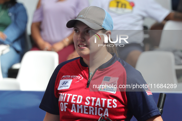 Alexis Ruiz of the United States competes against Sara Lopez of Colombia (not in picture) during the compound women's quarterfinals match on...