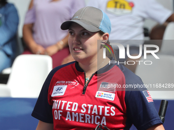 Alexis Ruiz of the United States competes against Sara Lopez of Colombia (not in picture) during the compound women's quarterfinals match on...