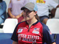 Alexis Ruiz of the United States competes against Sara Lopez of Colombia (not in picture) during the compound women's quarterfinals match on...