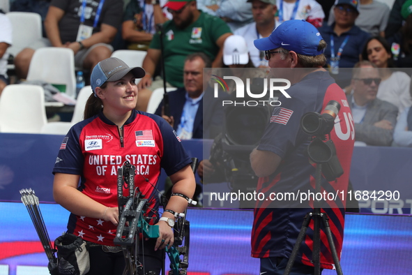 Alexis Ruiz of the United States competes against Sara Lopez of Colombia (not in picture) during the compound women's quarterfinals match on...