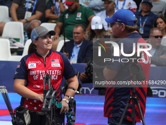 Alexis Ruiz of the United States competes against Sara Lopez of Colombia (not in picture) during the compound women's quarterfinals match on...