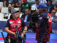 Alexis Ruiz of the United States competes against Sara Lopez of Colombia (not in picture) during the compound women's quarterfinals match on...