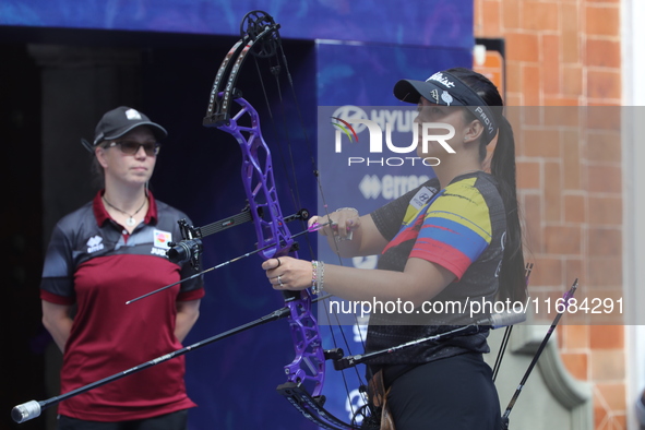 Sara Lopez of Colombia competes against Alexis Ruiz of the United States (not in picture) during the compound women's quarterfinals match on...