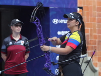 Sara Lopez of Colombia competes against Alexis Ruiz of the United States (not in picture) during the compound women's quarterfinals match on...