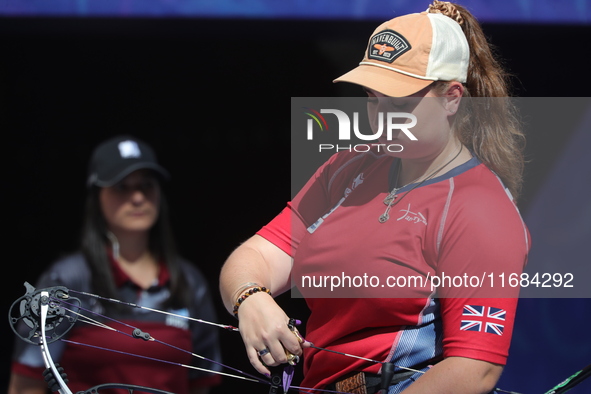 Ella Gibson of Great Britain competes against Dafne Quintero of Mexico (not in picture) during the compound women's quarterfinals match on t...