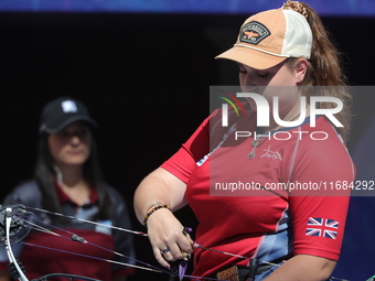 Ella Gibson of Great Britain competes against Dafne Quintero of Mexico (not in picture) during the compound women's quarterfinals match on t...