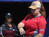 Ella Gibson of Great Britain competes against Dafne Quintero of Mexico (not in picture) during the compound women's quarterfinals match on t...