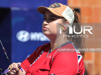 Ella Gibson of Great Britain competes against Dafne Quintero of Mexico (not in picture) during the compound women's quarterfinals match on t...