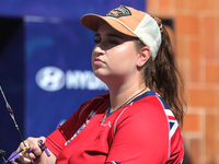 Ella Gibson of Great Britain competes against Dafne Quintero of Mexico (not in picture) during the compound women's quarterfinals match on t...