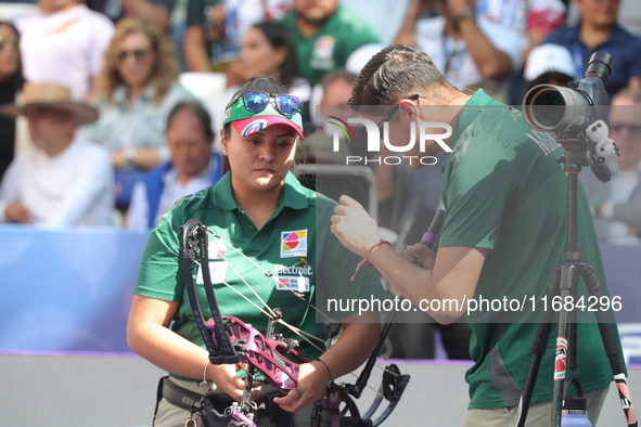 Dafne Quintero of Mexico competes against Ella Gibson of Great Britain (not in picture) during the compound women's quarterfinals match on t...