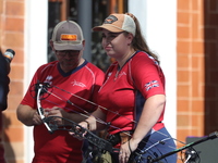 Ella Gibson of Great Britain competes against Dafne Quintero of Mexico (not in picture) during the compound women's quarterfinals match on t...