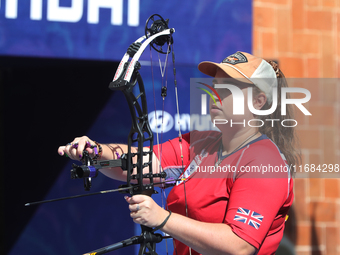 Ella Gibson of Great Britain competes against Dafne Quintero of Mexico (not in picture) during the compound women's quarterfinals match on t...