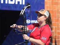 Ella Gibson of Great Britain competes against Dafne Quintero of Mexico (not in picture) during the compound women's quarterfinals match on t...