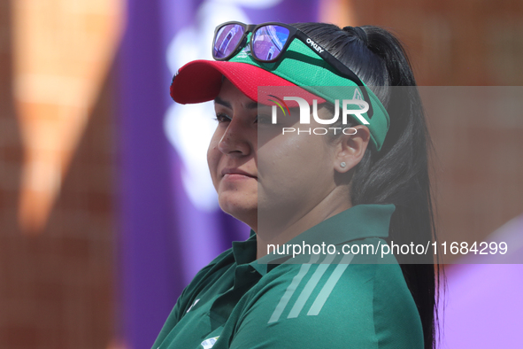 Dafne Quintero of Mexico competes against Ella Gibson of Great Britain (not in picture) during the compound women's quarterfinals match on t...