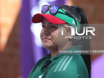 Dafne Quintero of Mexico competes against Ella Gibson of Great Britain (not in picture) during the compound women's quarterfinals match on t...