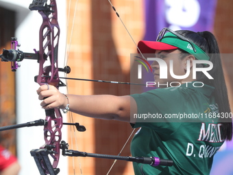 Dafne Quintero of Mexico competes against Ella Gibson of Great Britain (not in picture) during the compound women's quarterfinals match on t...