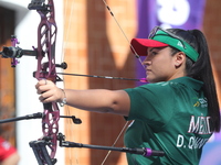 Dafne Quintero of Mexico competes against Ella Gibson of Great Britain (not in picture) during the compound women's quarterfinals match on t...