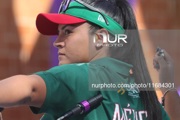 Dafne Quintero of Mexico competes against Ella Gibson of Great Britain (not in picture) during the compound women's quarterfinals match on t...