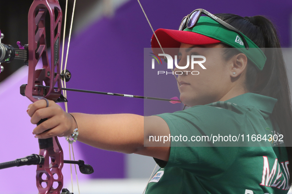 Dafne Quintero of Mexico competes against Ella Gibson of Great Britain (not in picture) during the compound women's quarterfinals match on t...