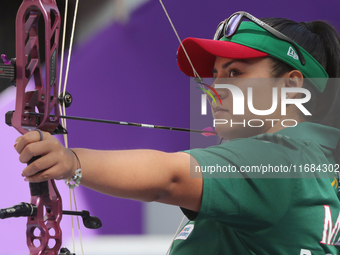 Dafne Quintero of Mexico competes against Ella Gibson of Great Britain (not in picture) during the compound women's quarterfinals match on t...