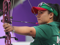 Dafne Quintero of Mexico competes against Ella Gibson of Great Britain (not in picture) during the compound women's quarterfinals match on t...