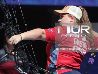 Ella Gibson of Great Britain competes against Dafne Quintero of Mexico (not in picture) during the compound women's quarterfinals match on t...