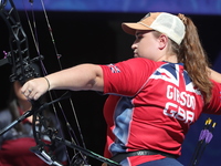 Ella Gibson of Great Britain competes against Dafne Quintero of Mexico (not in picture) during the compound women's quarterfinals match on t...