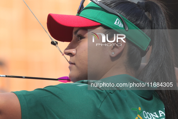 Dafne Quintero of Mexico competes against Ella Gibson of Great Britain (not in picture) during the compound women's quarterfinals match on t...