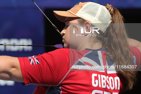 Ella Gibson of Great Britain competes against Dafne Quintero of Mexico (not in picture) during the compound women's quarterfinals match on t...