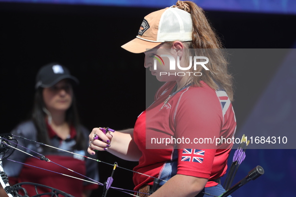 Ella Gibson of Great Britain competes against Dafne Quintero of Mexico (not in picture) during the compound women's quarterfinals match on t...