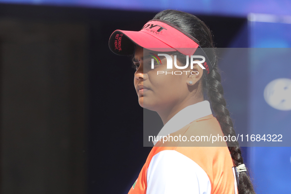 Jyothi Surekha of Vennam competes against Meeri-Marita Pass of Estonia (not in picture) during the compound women's quarterfinals match on t...