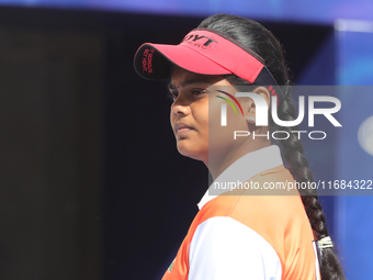 Jyothi Surekha of Vennam competes against Meeri-Marita Pass of Estonia (not in picture) during the compound women's quarterfinals match on t...