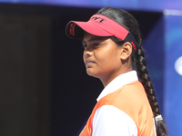 Jyothi Surekha of Vennam competes against Meeri-Marita Pass of Estonia (not in picture) during the compound women's quarterfinals match on t...