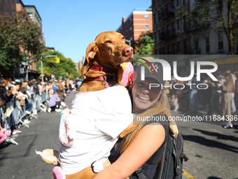 A dog is carried by its owner for the 34th Annual Tompkins Square Halloween Dog Parade in Tompkins Square Park in New York City, USA, on Oct...