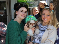 A dog is held up by two women watching the 34th Annual Tompkins Square Halloween Dog Parade in Tompkins Square Park in New York City, USA, o...