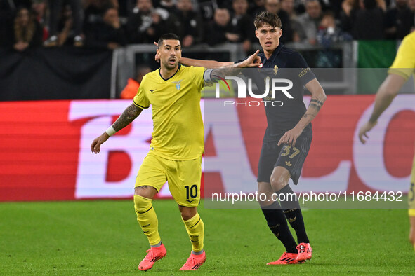 Nicolo Savona of Juventus F.C. and Mattia Zaccagni of S.S. Lazio are in action during the 8th day of the Serie A Championship between Juvent...