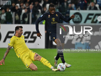 Alessio Romagnoli of S.S. Lazio and Pierre Kalulu of Juventus F.C. are in action during the 8th day of the Serie A Championship between Juve...