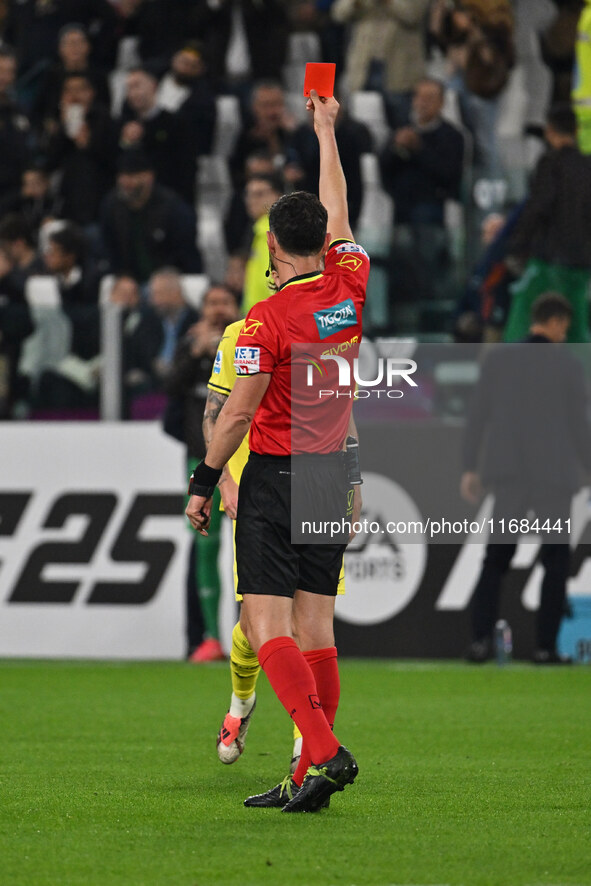 Referee Juan Luca Sacchi sends off Alessio Romagnoli of S.S. Lazio during the 8th day of the Serie A Championship between Juventus F.C. and...