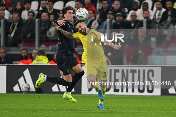 Dusan Vlahovic of Juventus F.C. and Mario Gila of S.S. Lazio are in action during the 8th day of the Serie A Championship between Juventus F...