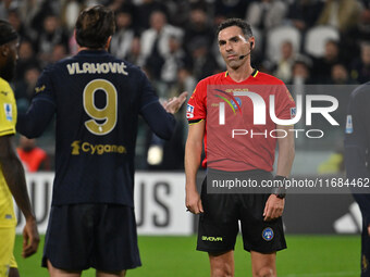 Dusan Vlahovic of Juventus F.C. and Referee Juan Luca Sacchi are present during the 8th day of the Serie A Championship between Juventus F.C...