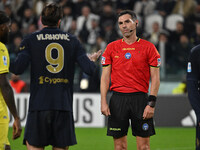 Dusan Vlahovic of Juventus F.C. and Referee Juan Luca Sacchi are present during the 8th day of the Serie A Championship between Juventus F.C...