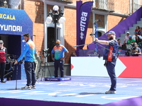 Prathamesh Balchandra Fuge of India and Mike Schloesser of the Netherlands compete during the men's compound bronze medal match on the secon...