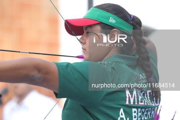 Andrea Maya Becerra of Mexico competes against Dafne Quintero of Mexico (not in picture) during the women's compound bronze medal match on t...