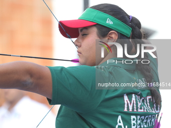 Andrea Maya Becerra of Mexico competes against Dafne Quintero of Mexico (not in picture) during the women's compound bronze medal match on t...