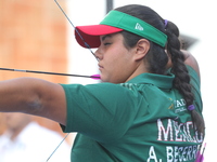 Andrea Maya Becerra of Mexico competes against Dafne Quintero of Mexico (not in picture) during the women's compound bronze medal match on t...