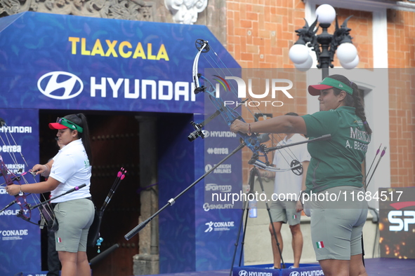 Andrea Maya Becerra of Mexico and Dafne Quintero of Mexico compete during the women's compound bronze medal match on the second day of the T...