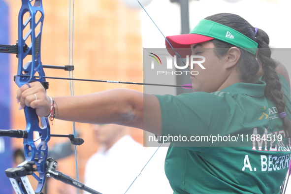 Andrea Maya Becerra of Mexico competes against Dafne Quintero of Mexico (not in picture) during the women's compound bronze medal match on t...