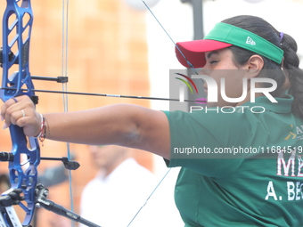 Andrea Maya Becerra of Mexico competes against Dafne Quintero of Mexico (not in picture) during the women's compound bronze medal match on t...